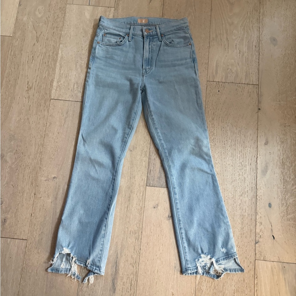 MOTHER Light Blue Cropped Jeans with Frayed Hem